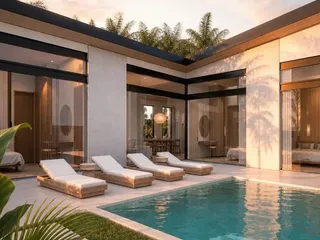 A render of a Habitat villa at dusk: sun loungers beside a private pool, glass walls onto the bedrooms, and palms behind the roof.