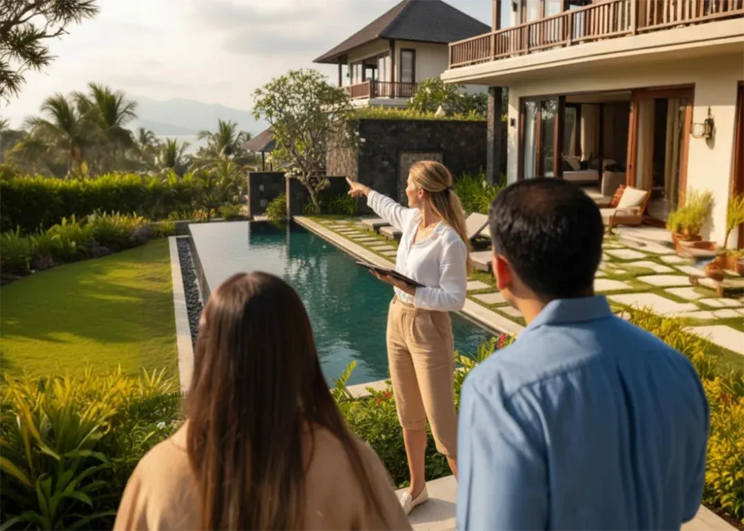 An agent in a white shirt points across a villa's pool and garden while a couple looks on.