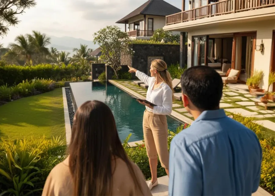 An agent in a white shirt points across a villa's pool and garden while a couple looks on.