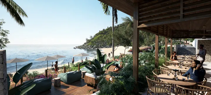 A render of the beach club: guests at tables under a timber roof, among plants above the sand and the sea.