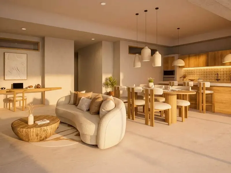 A render of an Atrium Lombok apartment at golden hour: a curved white sofa and a round timber table, a dining table under pendant lights, and a timber kitchen behind.