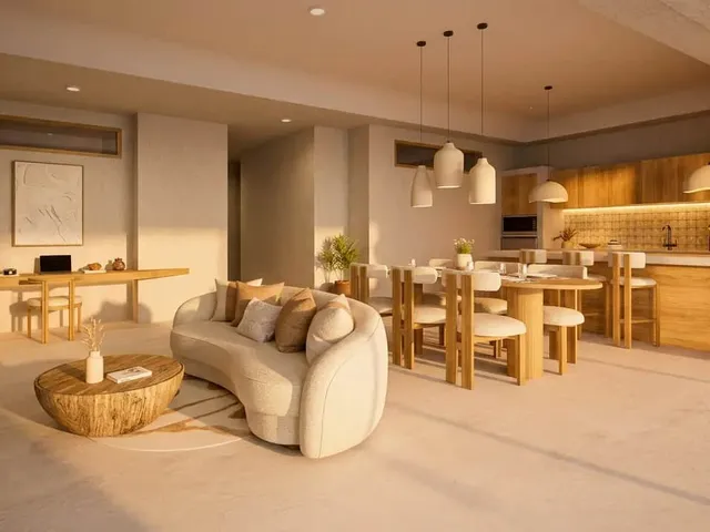 A render of an Atrium Lombok apartment at golden hour: a curved white sofa and a round timber table, a dining table under pendant lights, and a timber kitchen behind.