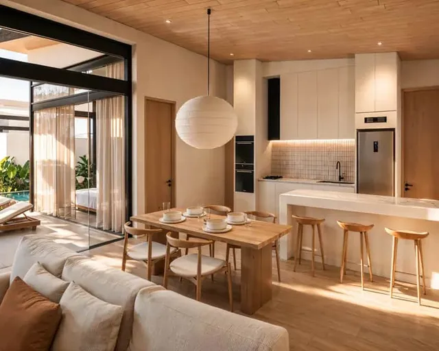 A render of an open-plan villa interior, with the kitchen, dining table and sofa in front of glass doors to a pool terrace.