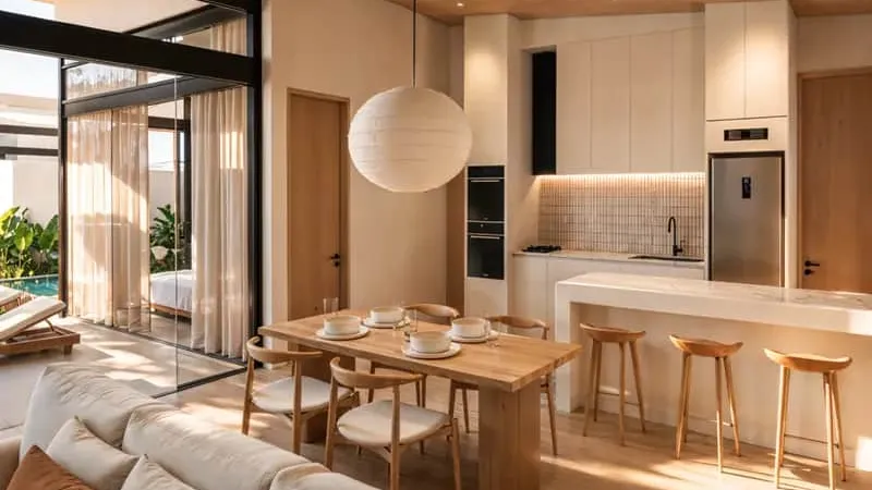 A render of an open-plan villa interior, with the kitchen, dining table and sofa in front of glass doors to a pool terrace.