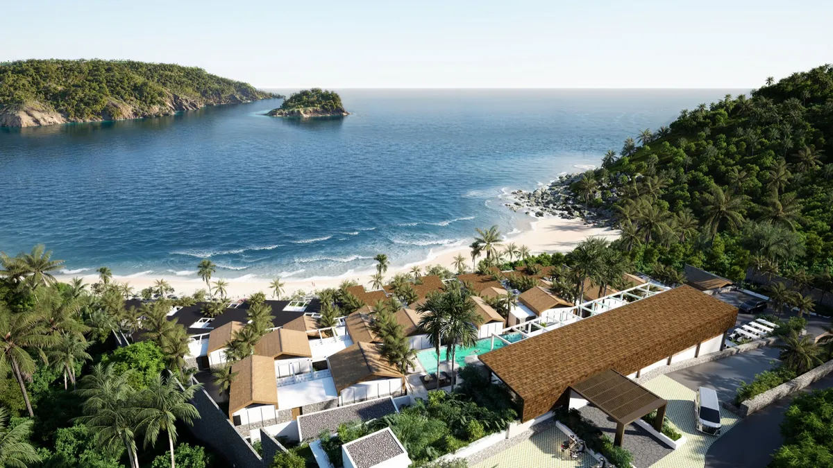 An aerial render of The One Lombok: white villas and a long timber roof among palms on the hillside, above a curved beach, a bay and a small island.