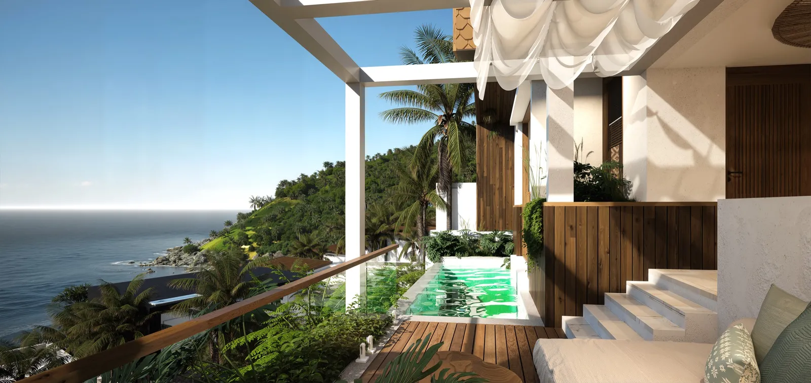 A render of a one-bedroom villa's deck: a lit plunge pool, a daybed and white steps under a pergola, high above the sea and a forested headland.
