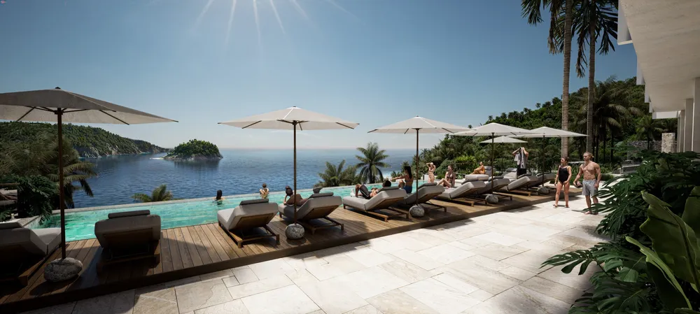 A render of the pool deck: loungers and white parasols along an infinity pool that looks out over the bay.