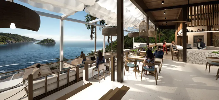 A render of the restaurant terrace: guests at tables under rattan pendant lights, open to the bay and a small island.